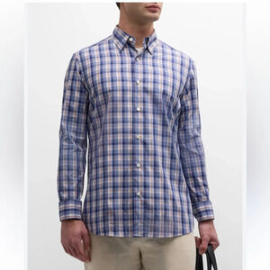 Zegna Sport  Men's Classic-Fit Cotton Check Sport Shirt Blue White XL 💯 cotton